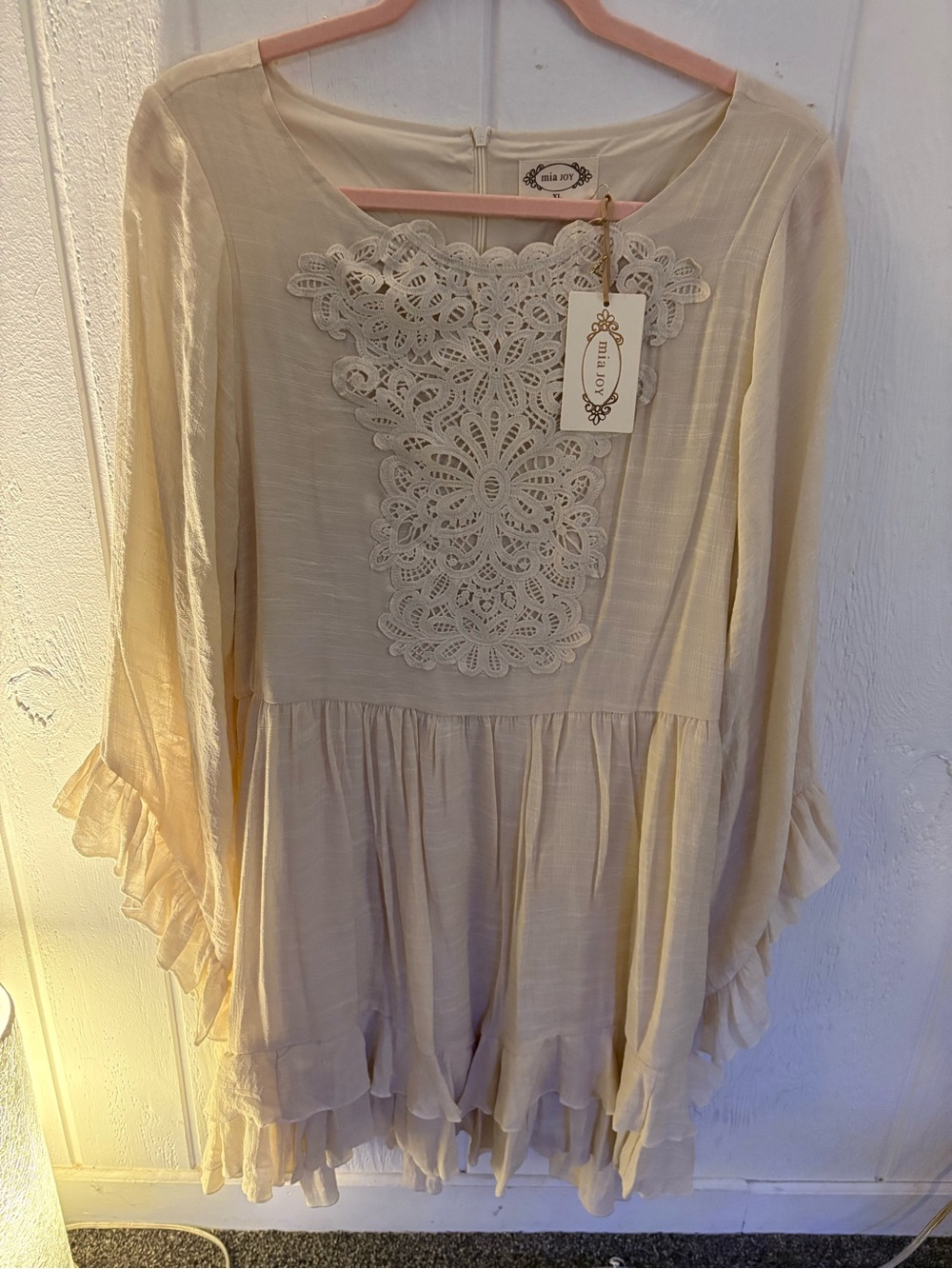 Boho Lace-Front Tiered Women's Dress - Cream